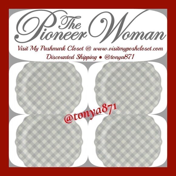 đŚâNew PioneerâWomanâGrayâGinghamâDinnerâPlates,âSetâofâ4 - Picture 4 of 7